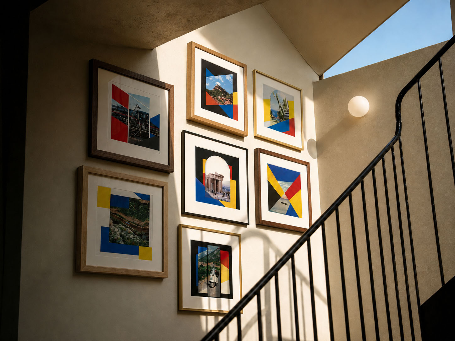 Layered print artwork in a warm interior
